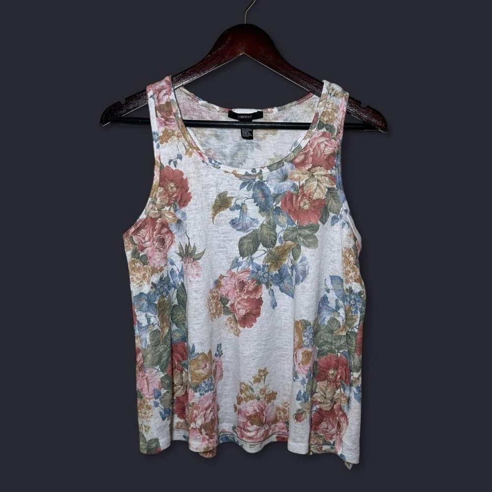 Forever 21 F21 Cream Floral Scoop Neck Tank Top